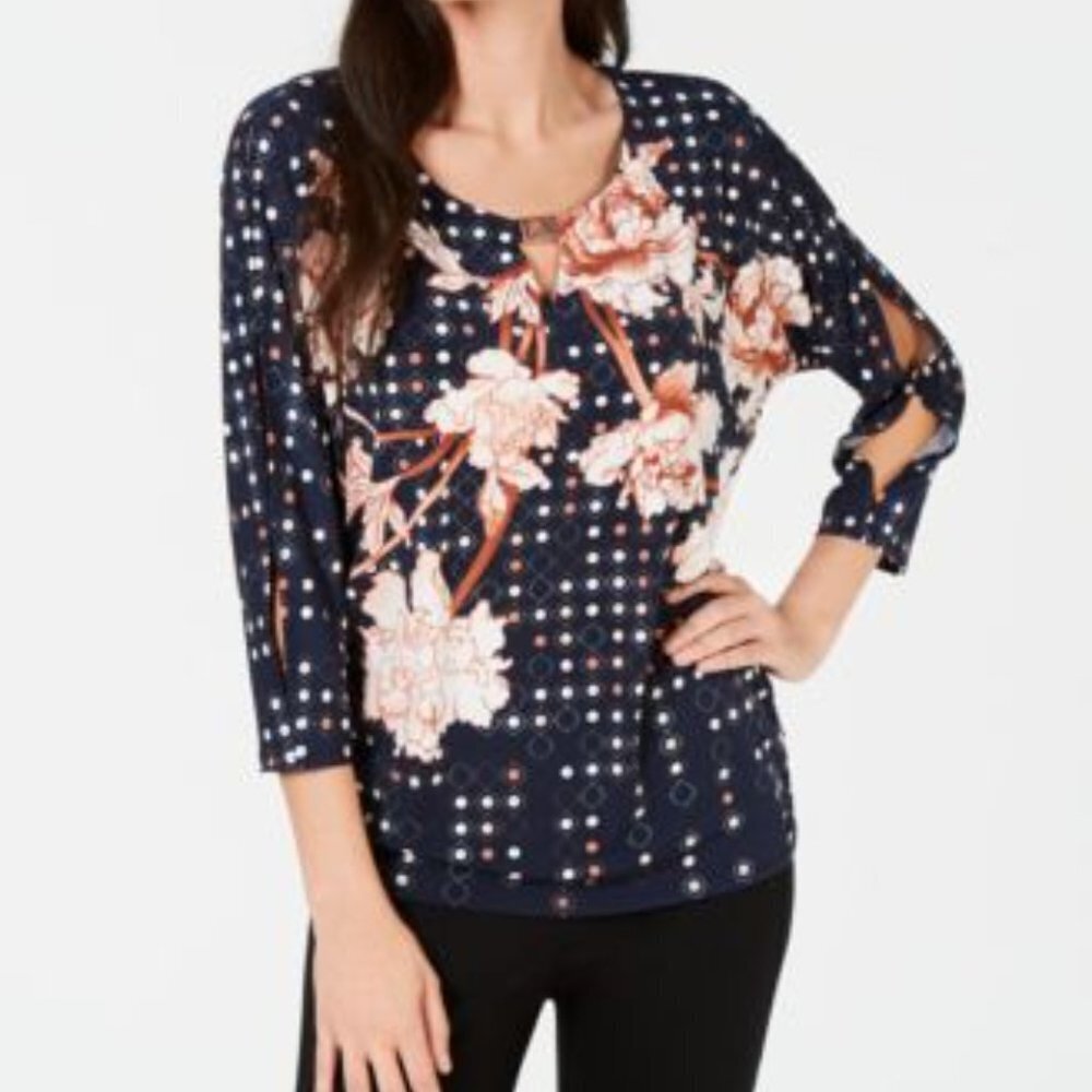 JM Collection Navy Floral Dot Keyhole Blouse, NWT